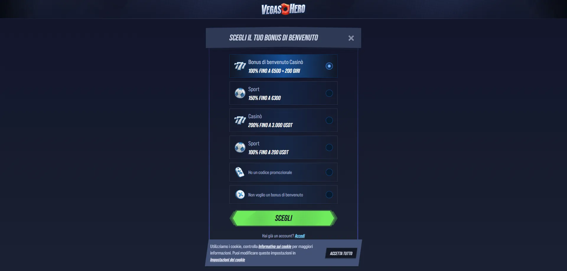 VegasHero Casino registrazione e apertura conto passo per passo